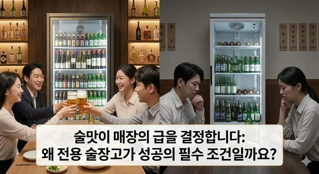 전용 술장고가 있는 성공적인 매장과 그렇지 않은 매장의 모습을 대비시켜 술장고가 매장 성공의 필수 조건임을 강조하는 이미지입니다.