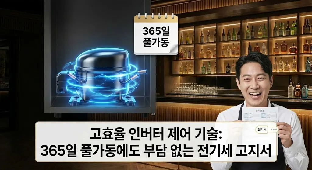 365일 풀가동에도 낮은 전기세 고지서를 받고 기뻐하는 사장님과 함께 고효율 인버터 컴프레서의 모습을 보여주는 이미지입니다.