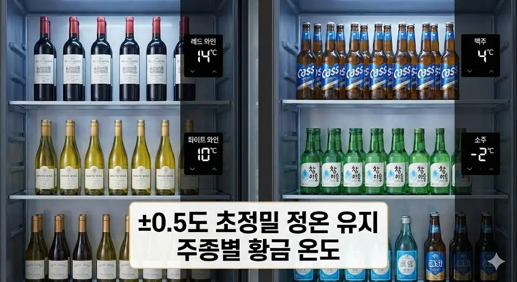 다양한 주종별 최적 온도(±0.5도 정밀 제어)가 표시된 술장고 내부 모습을 보여주는 이미지입니다.
