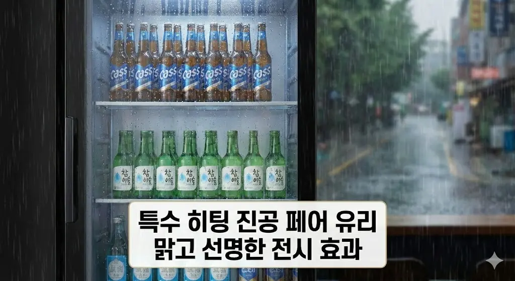비 오는 습한 날씨에도 김 서림 없이 맑고 선명한 전시 효과를 제공하는 특수 히팅 진공 페어 유리 기술을 보여주는 이미지입니다.