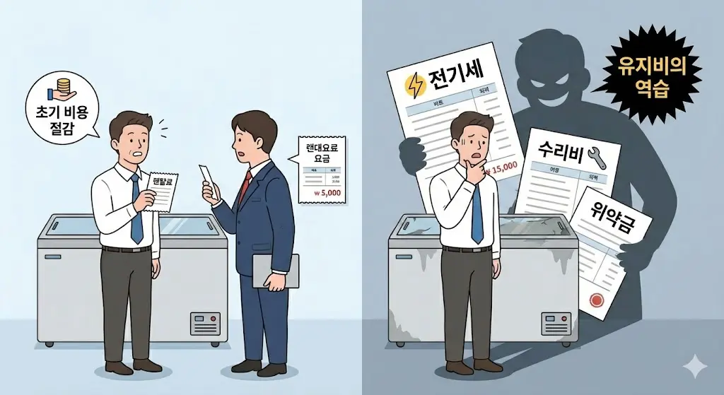냉동고 렌탈의 초기 비용 함정과 장기적인 현명한 투자를 비교하여 보여주는 일러스트
