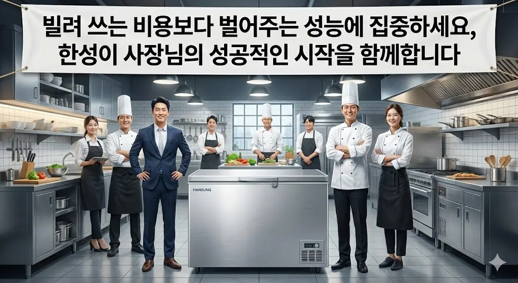한성 냉동고와 함께 성공적인 매장 운영을 시작하는 사장님과 전문 셰프팀의 모습
