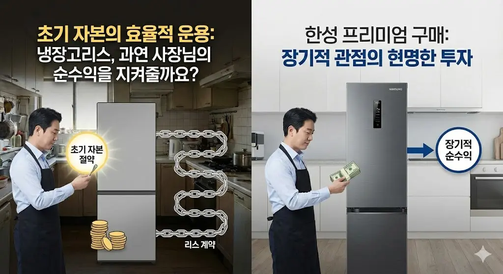 초기 자본 절약을 위한 리스 선택의 함정과 한성 프리미엄 냉장고 구매를 통한 장기적 순수익 창출의 현명한 투자를 비교하는 이미지.