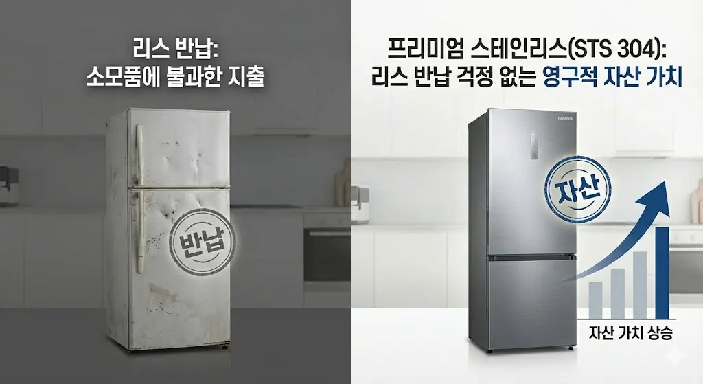 반납 시 소모품에 불과한 일반 리스 냉장고와 달리, STS 304 프리미엄 스테인리스 소재로 제작되어 영구적 자산 가치를 가지는 한성 냉장고를 비교하는 이미지.