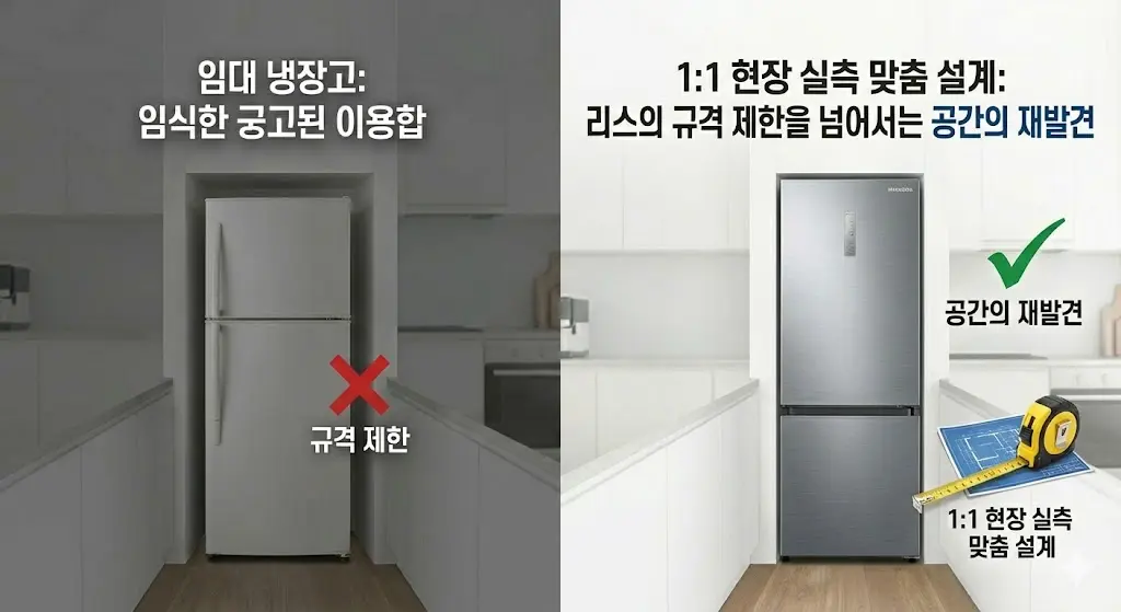 규격 제한으로 공간 효율이 떨어지는 임대 냉장고와 달리, 1:1 현장 실측 맞춤 설계로 주방 공간을 완벽하게 활용하는 한성 냉장고의 장점을 보여주는 이미지.