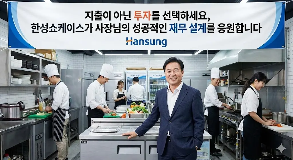 한성 냉장고를 선택하여 성공적인 주방 운영을 하고 있는 사장님의 모습과 한성쇼케이스가 사장님의 성공적인 재무 설계를 응원한다는 메시지를 담은 이미지.