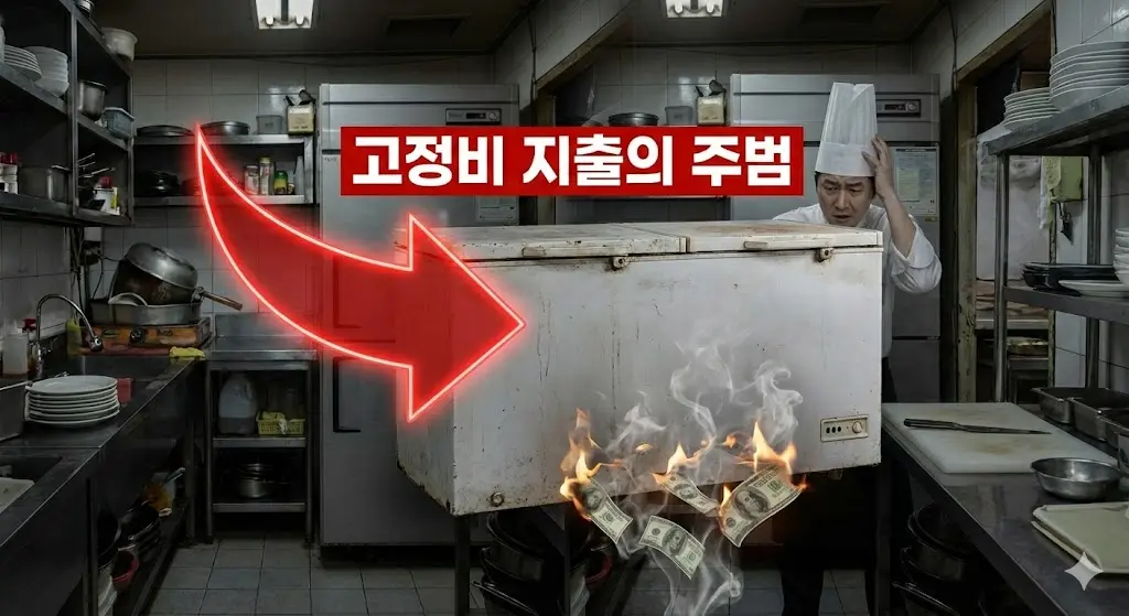 낡고 효율이 떨어지는 냉동고가 높은 고정비의 주범임을 불타는 돈과 함께 시각적으로 표현한 이미지입니다