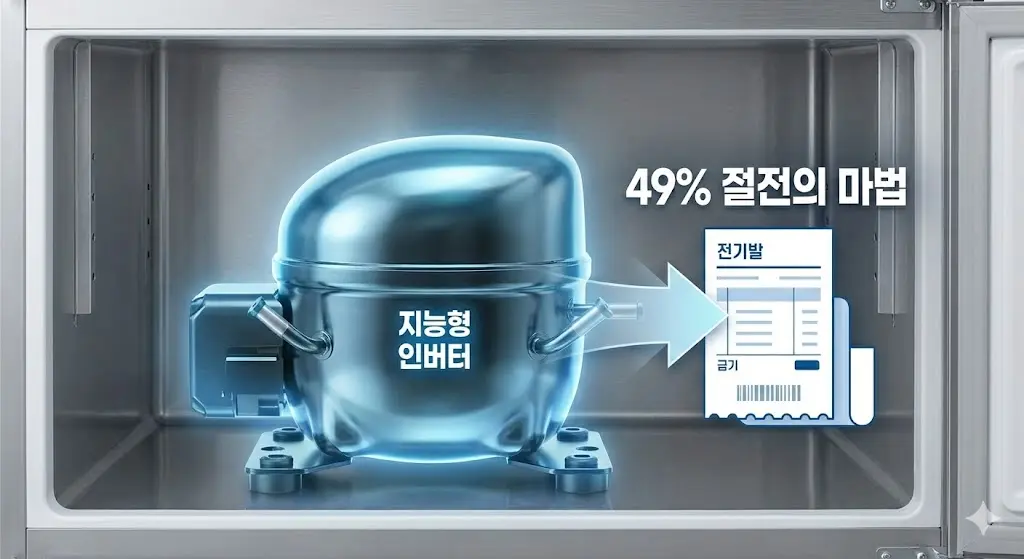 한성 냉동고의 지능형 인버터 컴프레서가 전기세를 49% 절감하는 과정을 그래픽으로 보여주는 이미지입니다.