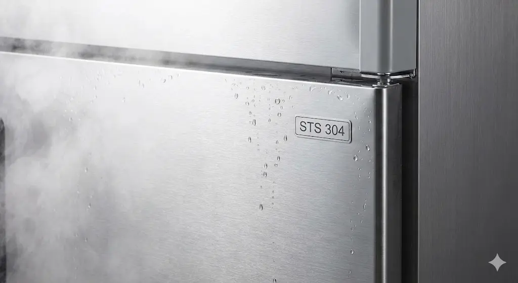 습기가 많은 주방 환경에서도 부식 없이 견고한 STS 304 스테인리스 소재의 한성 냉동고 표면을 보여주는 이미지입니다.