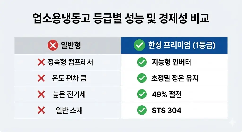 일반형 냉동고와 한성 프리미엄 1등급 인버터 냉동고의 성능 및 경제성을 비교한 요약표 이미지입니다.