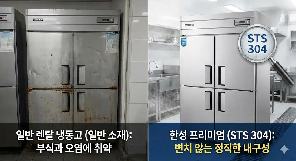 부식되고 낡은 일반 렌탈 냉동고와 깨끗하고 견고한 STS 304 한성 프리미엄 냉동고의 내구성 차이를 보여주는 비교 이미지입니다.