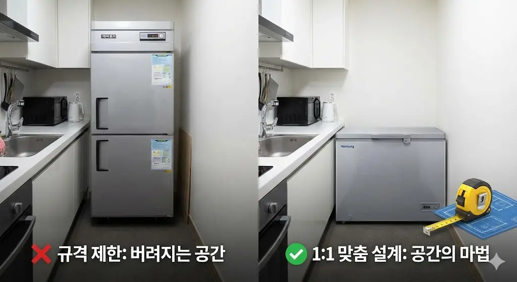 규격 제한으로 공간을 낭비하는 렌탈 냉동고와 주방 공간에 완벽하게 맞춰진 한성 맞춤 설계 냉동고의 공간 활용성 비교 이미지입니다