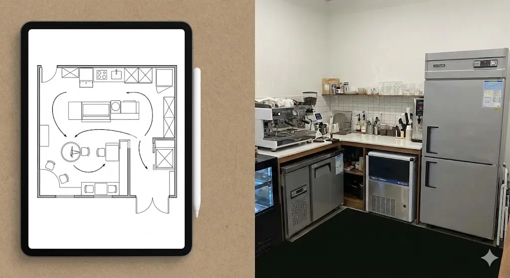 태블릿 속 1:1 맞춤 설계 도면과 실제 구현된 카페 주방의 비교