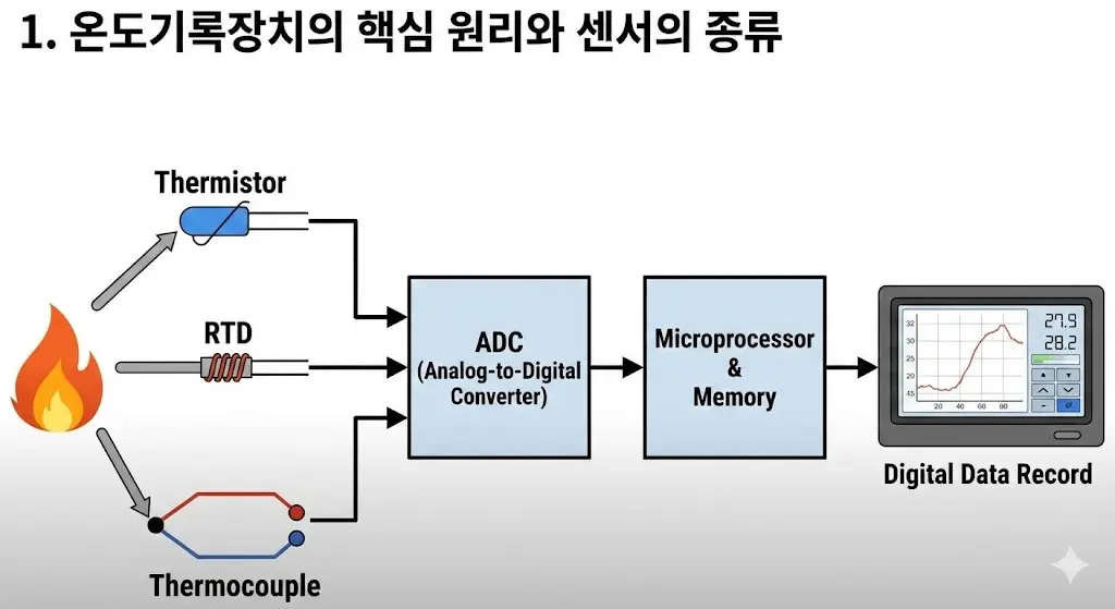 온도 센서의 종류와 데이터 기록 원리 인포그래픽