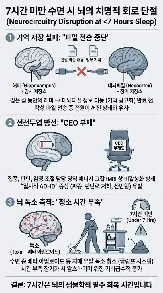 7시간 미만 수면 시 발생하는 뇌의 3대 치명적 회로 단절 인포그래픽. 1. 해마 기억 저장 실패(파일 전송 중단), 2. 전전두엽 방전(CEO 부재), 3. 뇌 독소 축적(베타 아밀로이드 청소 실패). 각 단계별 뇌 이미지와 도식화