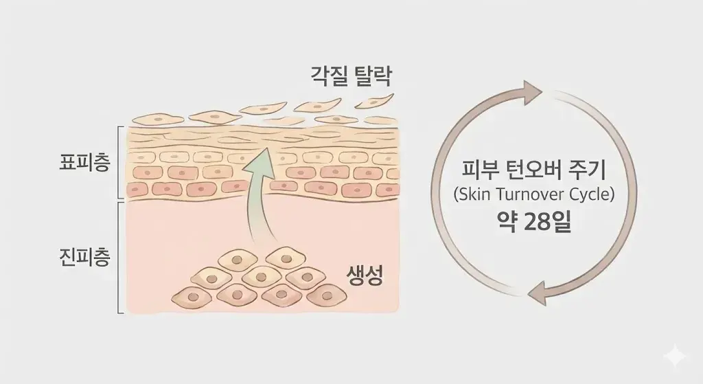 피부 표피와 진피 구조, 각질 생성과 탈락 과정, 약 28일 피부 턴오버 주기를 설명한 도식 이미지. 개인·연령에 따라 달라질 수 있음.