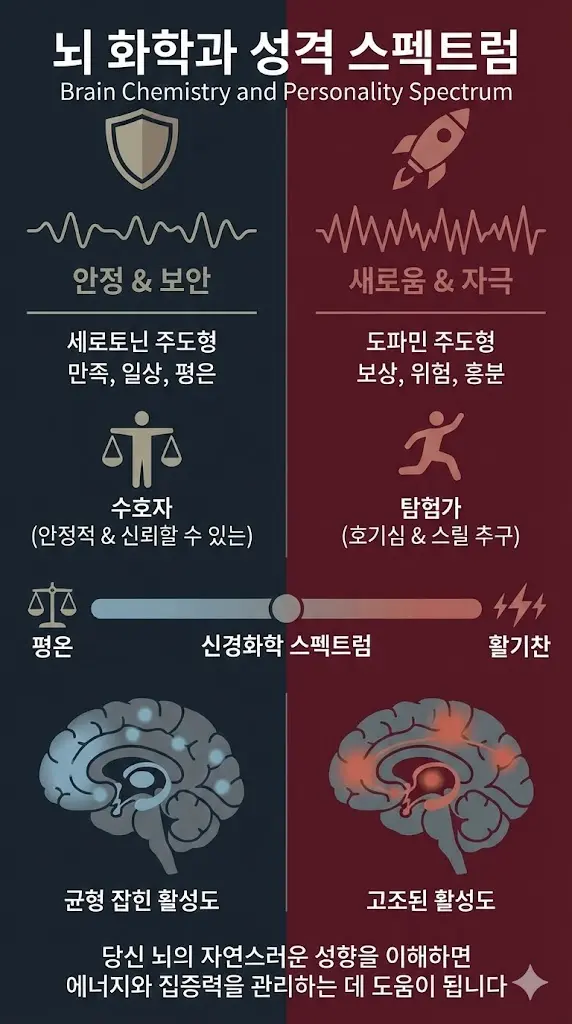 뇌 화학과 성격 스펙트럼 인포그래픽. 좌측은 세로토닌 주도형인 수호자 타입으로 안정과 평온을 추구하며 균형 잡힌 뇌 활성도를 보임. 우측은 도파민 주도형인 탐험가 타입으로 자극과 새로움을 추구하며 고조된 뇌 활성도를 보임. 신경화학적 기질 차이를 비교한 시각 자료