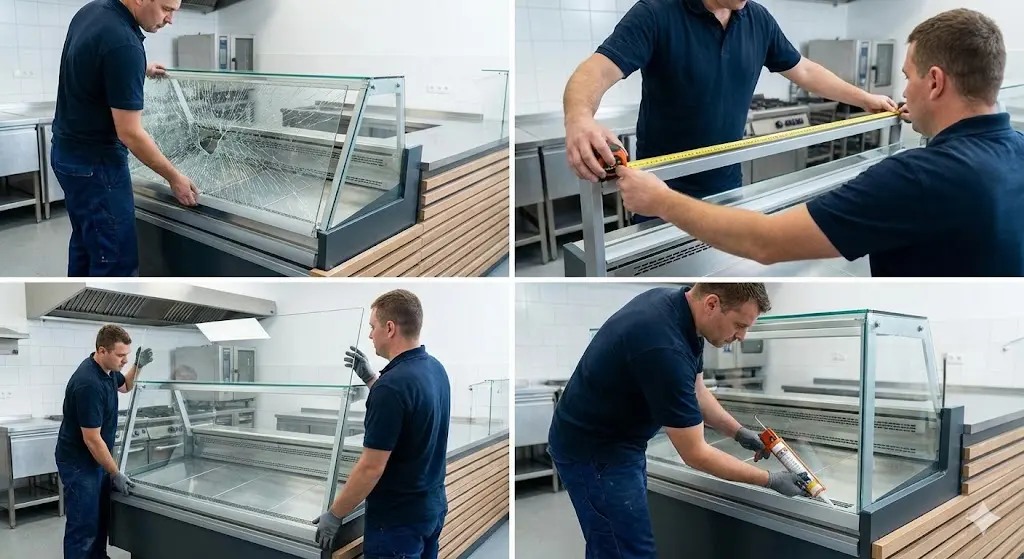 쇼케이스 유리 교체 과정을 단계별로 보여주는 이미지