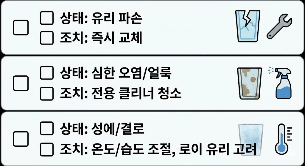 쇼케이스 유리 상태별 조치 사항을 보여주는 체크리스트 이미지