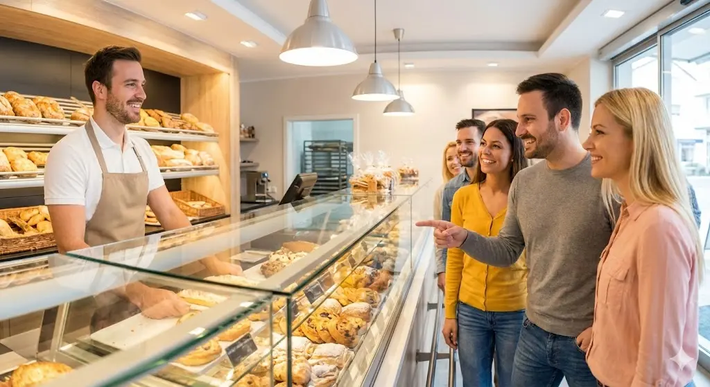 깨끗한 쇼케이스가 있는 매장에서 행복해하는 고객과 직원의 모습