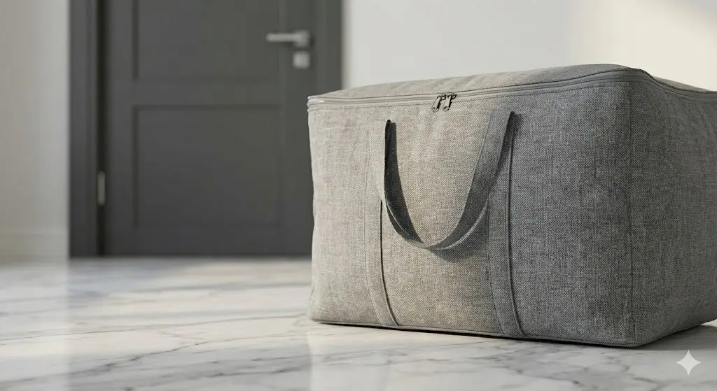 Blue laundry collection bag standing neatly by a gray studio door.