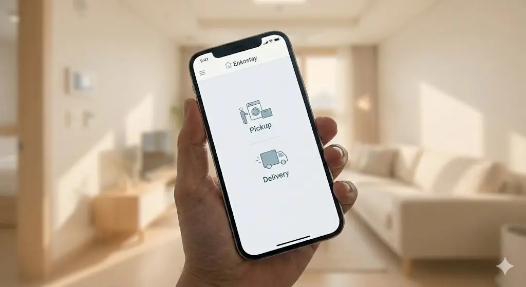 Hand holding a smartphone showing a laundry pickup reservation screen.