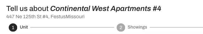 The new property editing flow includes the address, property name, and unit number. 