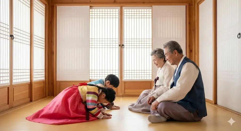 A traditional Korean family in a Hanok living room where children in colorful Hanbok are performing a deep New Year's bow (Sebae) to their grandparents.