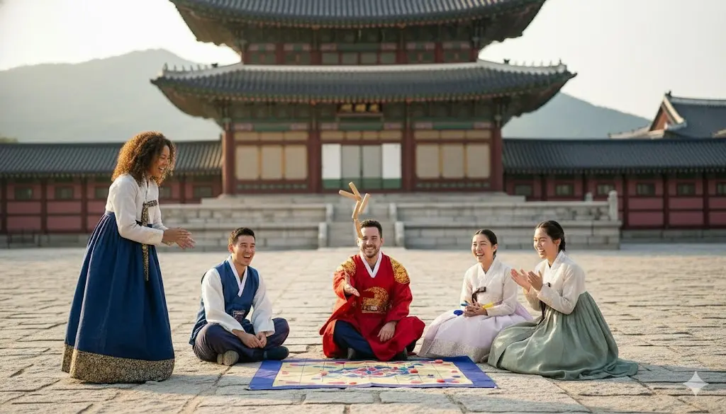 A diverse group of expats wearing Hanbok and playing Yutnori in the courtyard of Gyeongbokgung Palace during the 2026 Seollal festival.