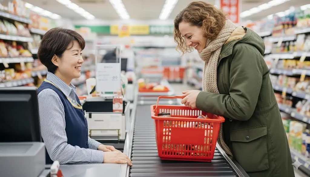 A foreign woman smiling and bowing slightly to a Korean cashier at a supermarket checkout counter to practice polite Seollal greetings.