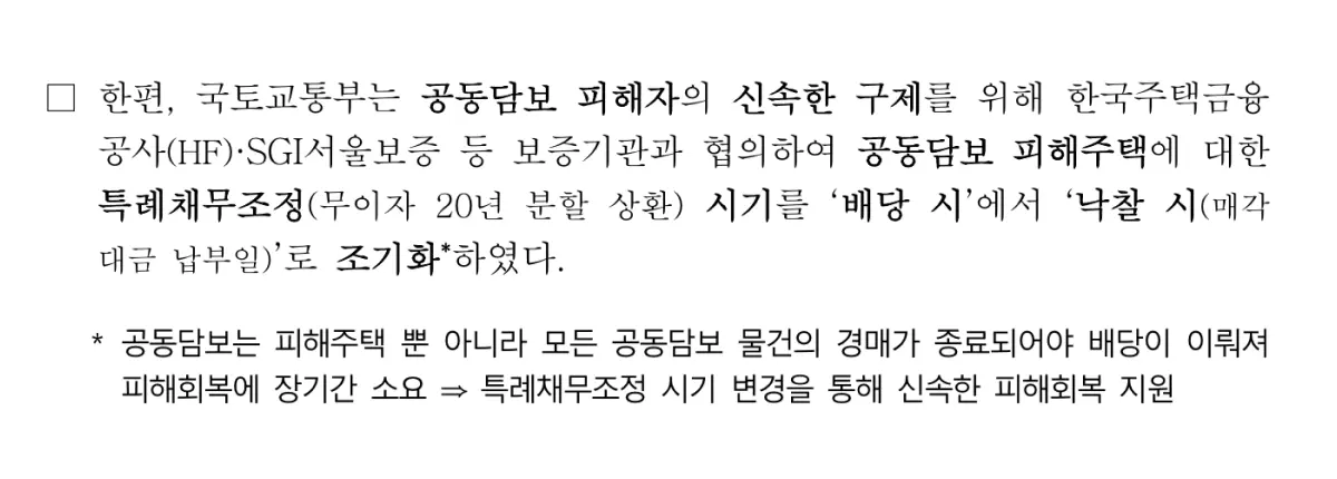 공동담보 피해자의 신속한 구제를 위한 특례채무조정 조기화