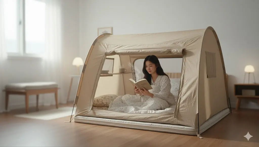 Modern beige heating tent for bed insulation indoors.