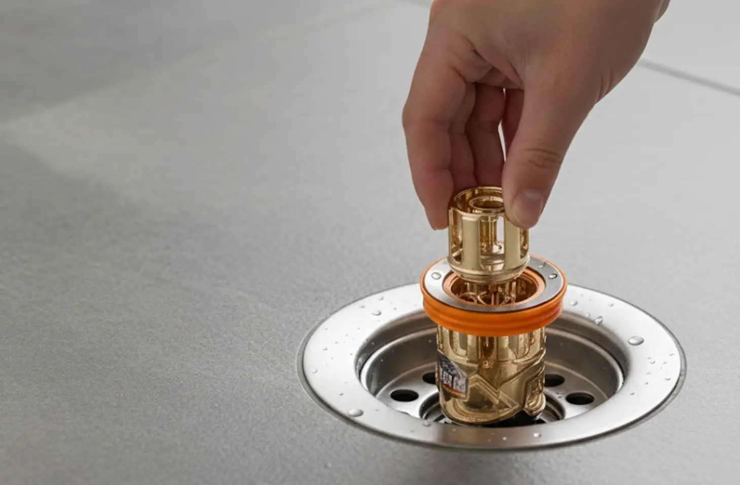 Inserting a gold-toned drain trap into a floor drain.