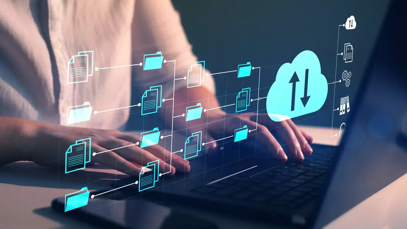 노트북에서 타이핑하는 손과 보안 자물쇠 아이콘, 사용자 아이디와 비밀번호 입력란이 그래픽으로 오버레이된 모습