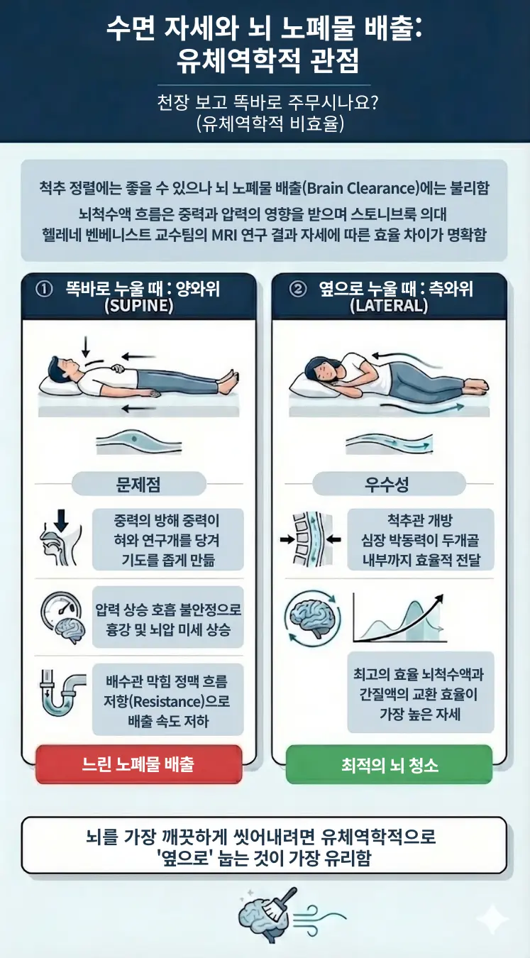 유체역학적 관점에서 분석한 수면 자세와 뇌 노폐물 배출 효율 비교 인포그래픽. 왼쪽은 똑바로 누운 자세(앙와위)에서의 중력 방해와 뇌압 상승으로 인한 배출 저하를, 오른쪽은 옆으로 누운 자세(측와위)에서의 척추관 개방과 원활한 뇌척수액 순환을 시각화하여 대조함