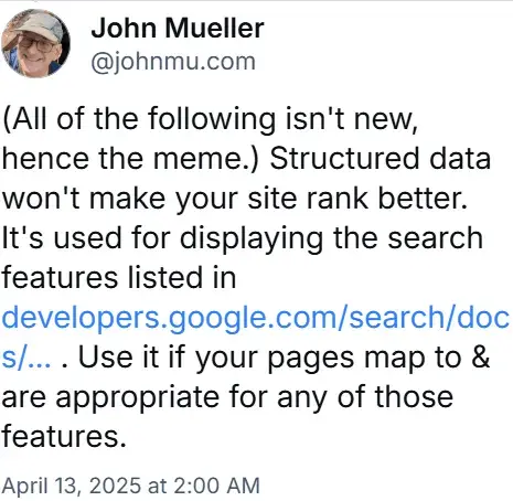 구글 검색 관계자 John Mueller가 스키마 마크업은 검색 순위 요소가 아니고 리치 결과 표시를 위한 용도라고 밝힌 공식 발언 이미지 | 리드젠랩