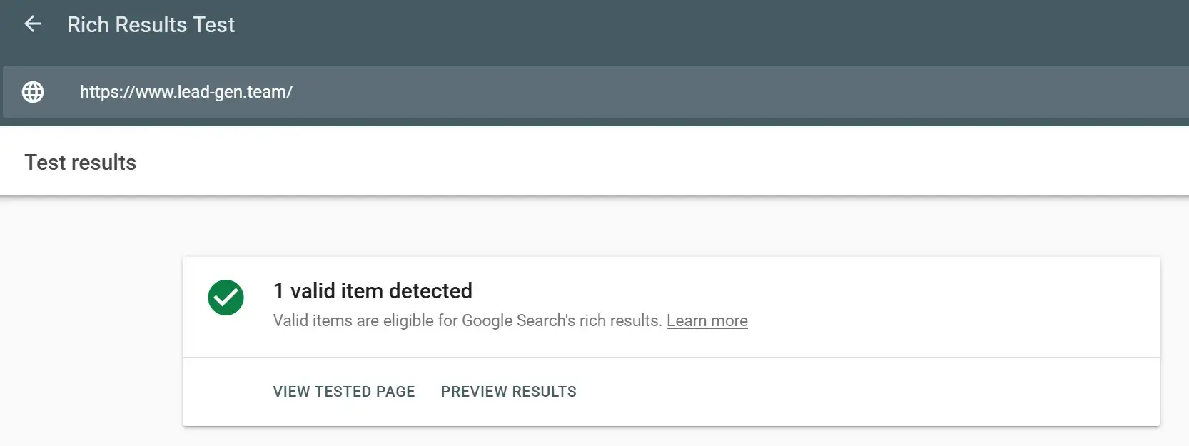리드젠랩 웹사이트의 Rich Results Test 결과 | 리드젠랩