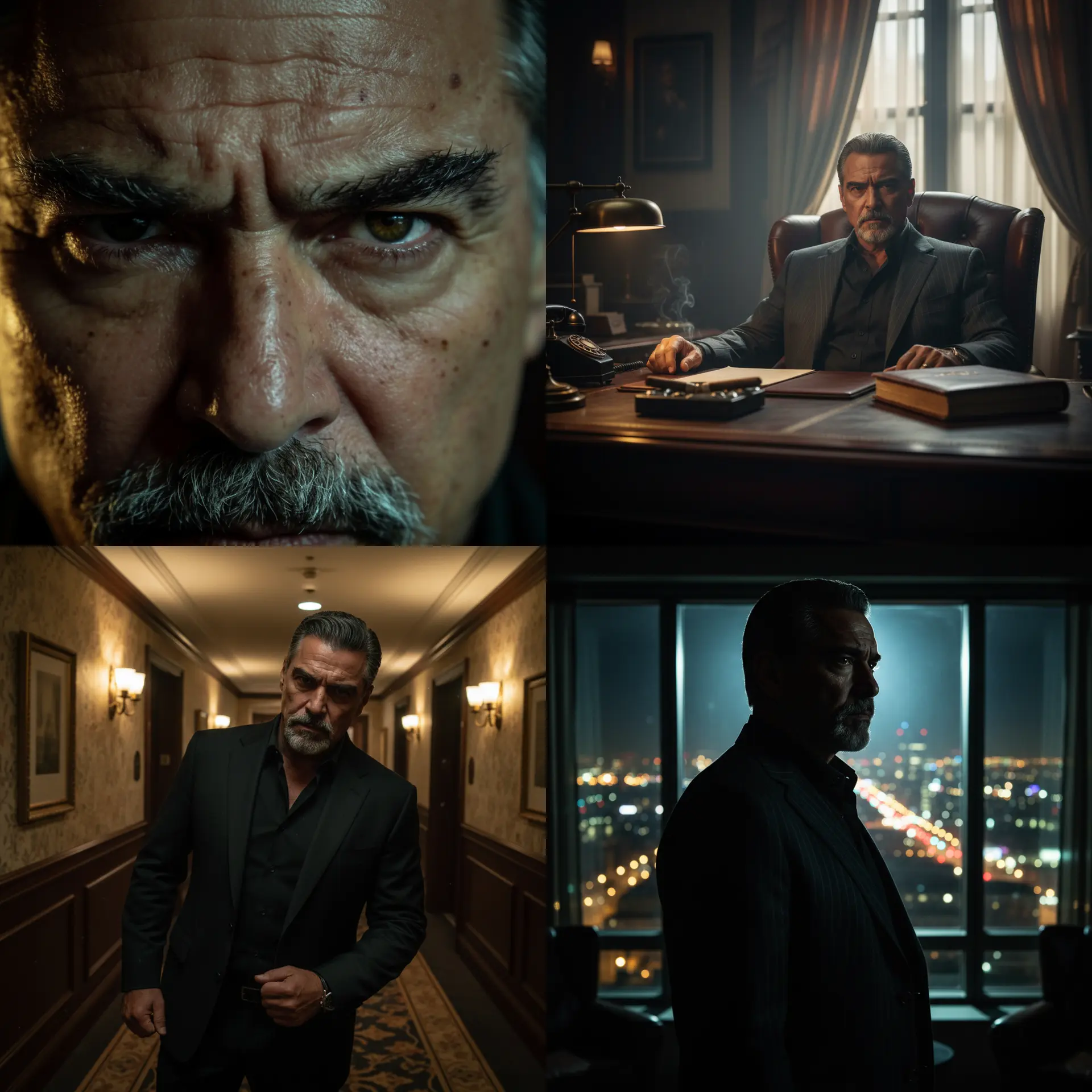 '분노한 마피아의 침묵'을 연출하는 4가지 방법. 시계방향으로 익스트림 클로즈업, 로우앵글+미디움샷, 실루엣+림라이트, 더치 앵글로 연출한 예시를 보여줌.