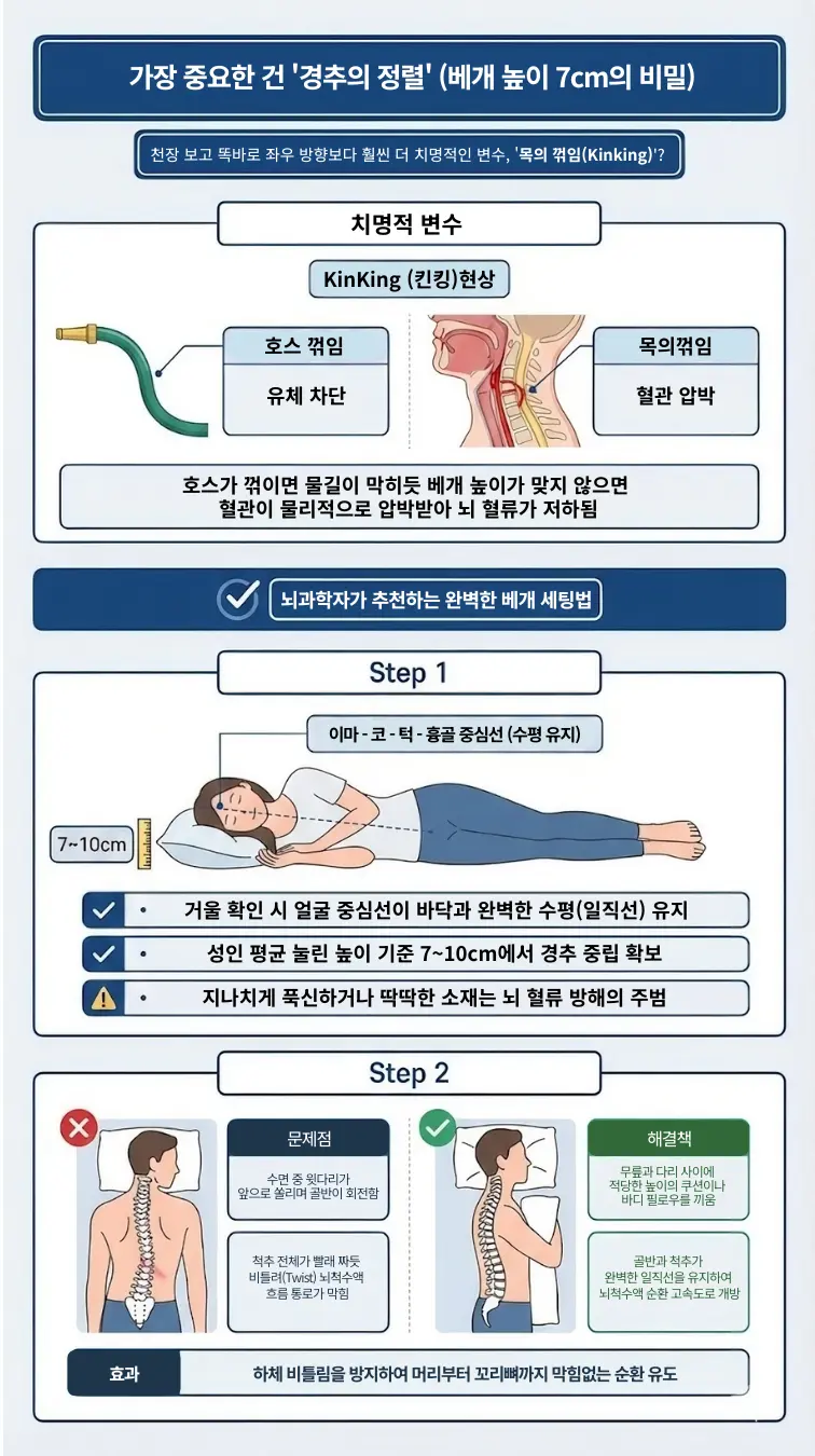 뇌 혈류 흐름을 방해하는 목의 꺾임(Kinking 현상)과 올바른 베개 높이(7~10cm) 가이드 인포그래픽. 하단에는 바디 필로우 사용 유무에 따른 척추 비틀림 차이를 보여주는 해부학적 투시도를 통해, 뇌척수액 순환을 위한 경추와 척추의 일직선 정렬 중요성을 시각화함