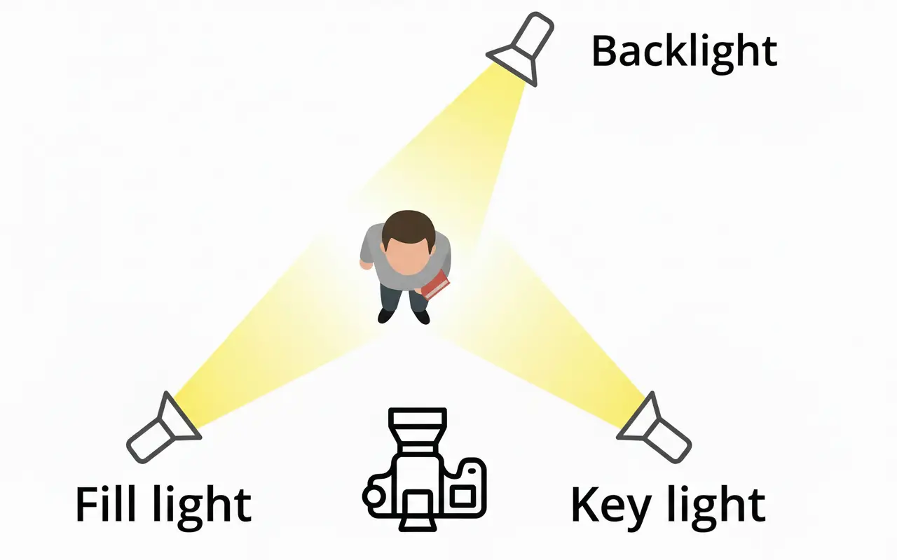 영상 제작의 기초인 3점 영화 조명 기법 배치도: 키, 필, 백 라이트의 표준 위치 다이어그램