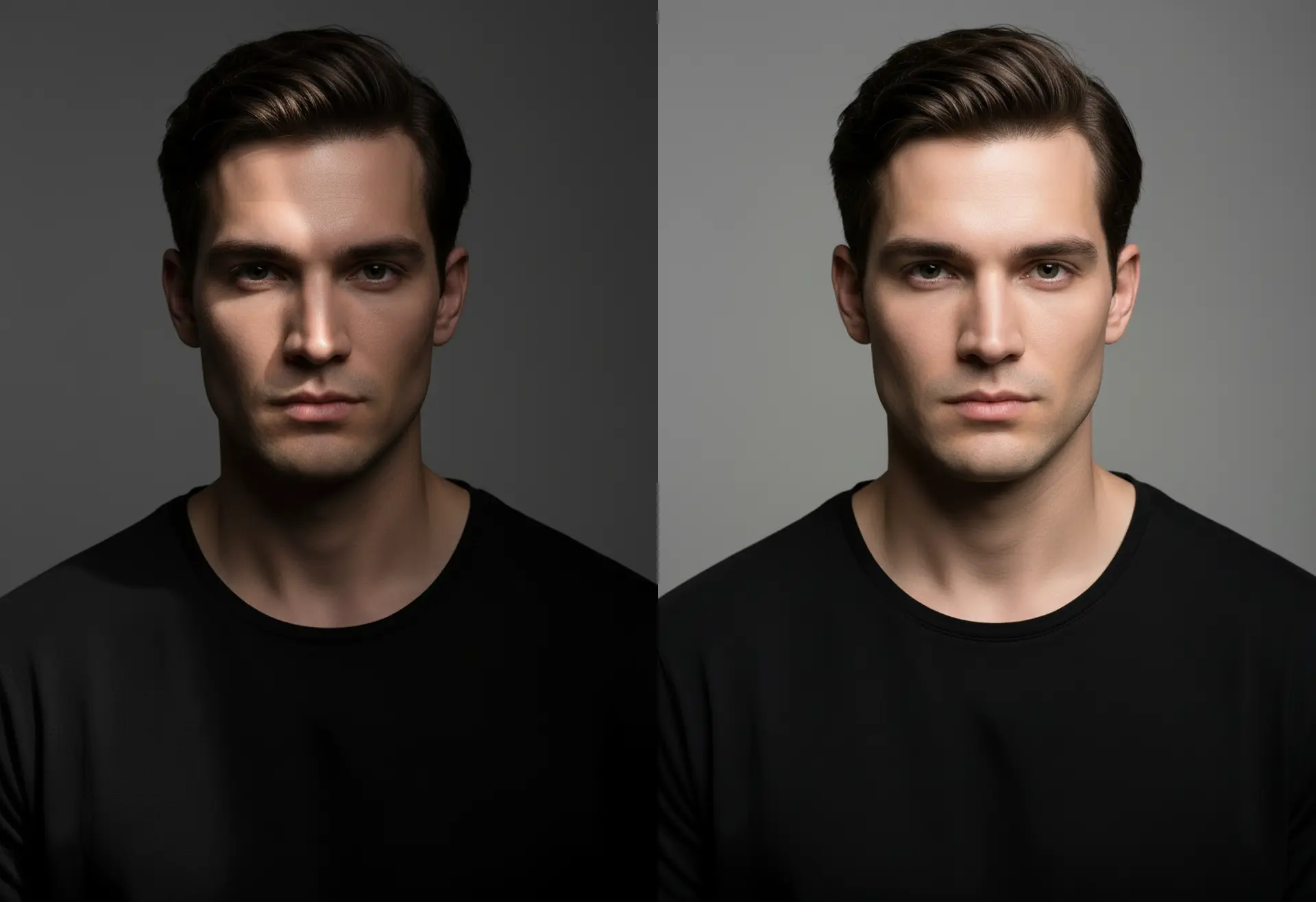 인물 중심 영화 조명 기법 비교: 뺨의 역삼각형 빛이 강조된 렘브란트 라이팅과 코 아래 그림자가 특징인 버터플라이 기법