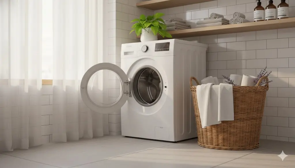 Open front-load washing machine door in bright room.