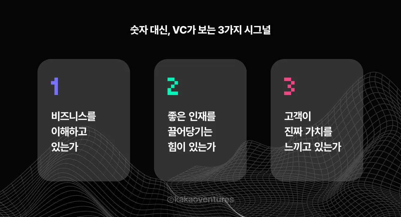 딥테크 투자자가 주목하는 3가지 핵심 시그널을 카드형으로 정리한 이미지. 첫 번째는 '기술을 휘어잡는 사람인가', 두 번째는 '좋은 사람을 끌어당기는 힘이 있는가', 세 번째는 '고객이 진짜 가치를 느끼고 있는가'를 보여준다.