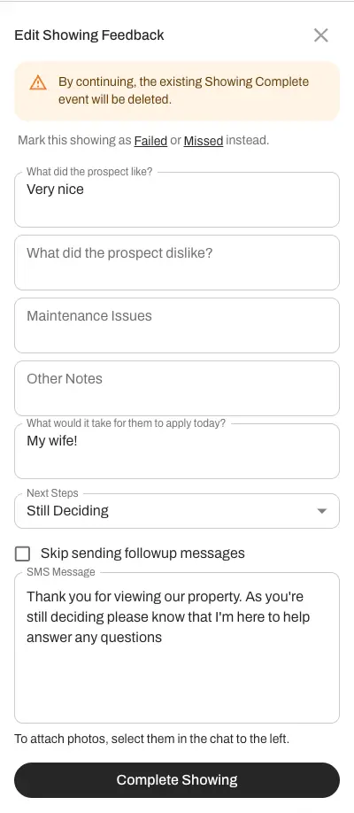 Edit Showing Feedback once a showing has been completed.