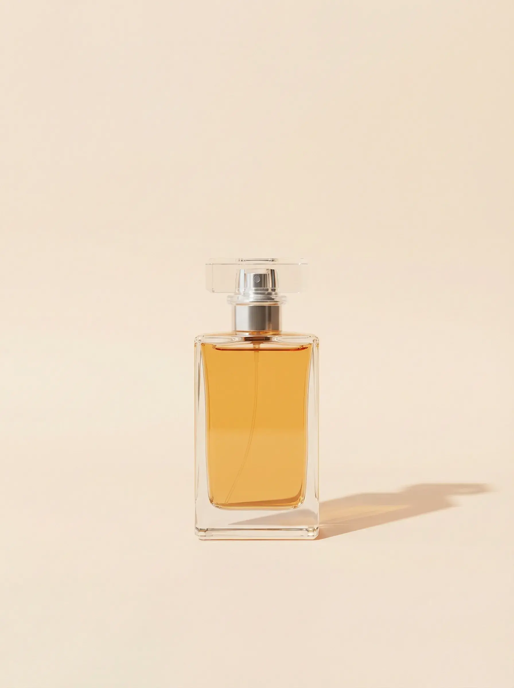 캐럿으로 제작한 향수 연출 이미지. 낮은 채도의 단색 배경과 여백으로 네거티브스페이스가 잘 활용되었다.