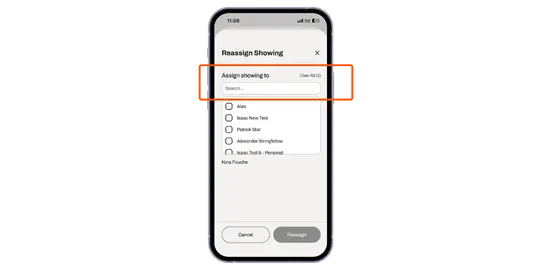Reassign a showing to a different agent directly from the mobile app's showing calendar