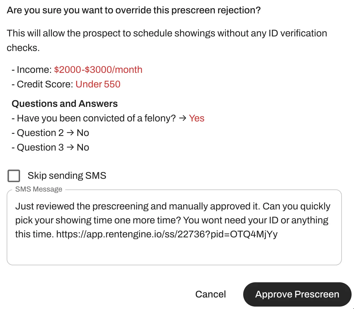 Red highlights show exactly which requirements a prospect didn't meet during pre-screening, making rejection reasons instantly clear