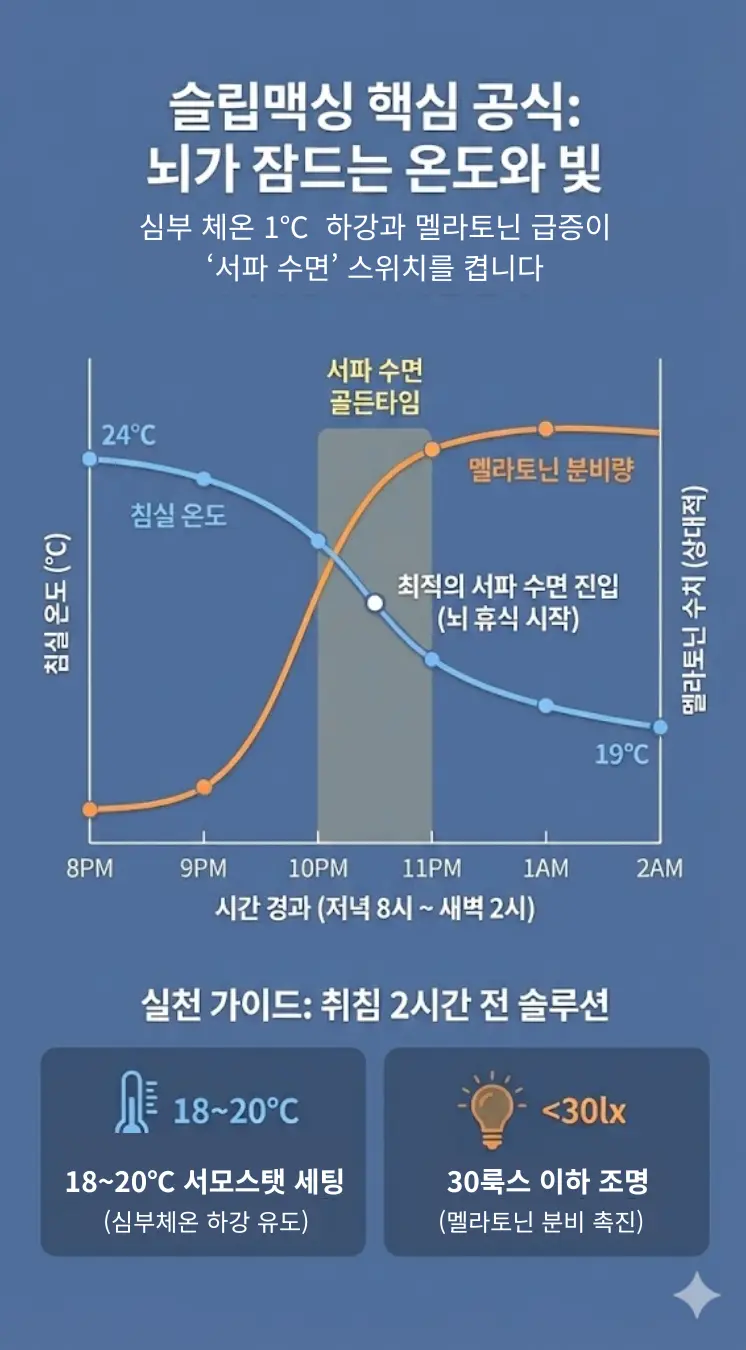 수면 효율을 200% 극대화하는 슬립맥싱을 위해 뇌의 심부 체온 하강을 유도하는 18~20도 침실 온도 설정과 조도 조절 공식을 설명하는 뇌과학 인포그래픽