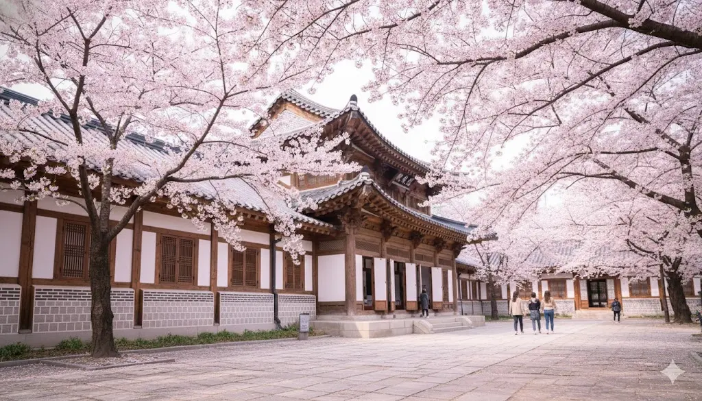 Peaceful cherry blossom path under soft golden hour sunlight] [Alt Text: Wide cinematic horizontal composition of pink cherry blossoms Seoul.