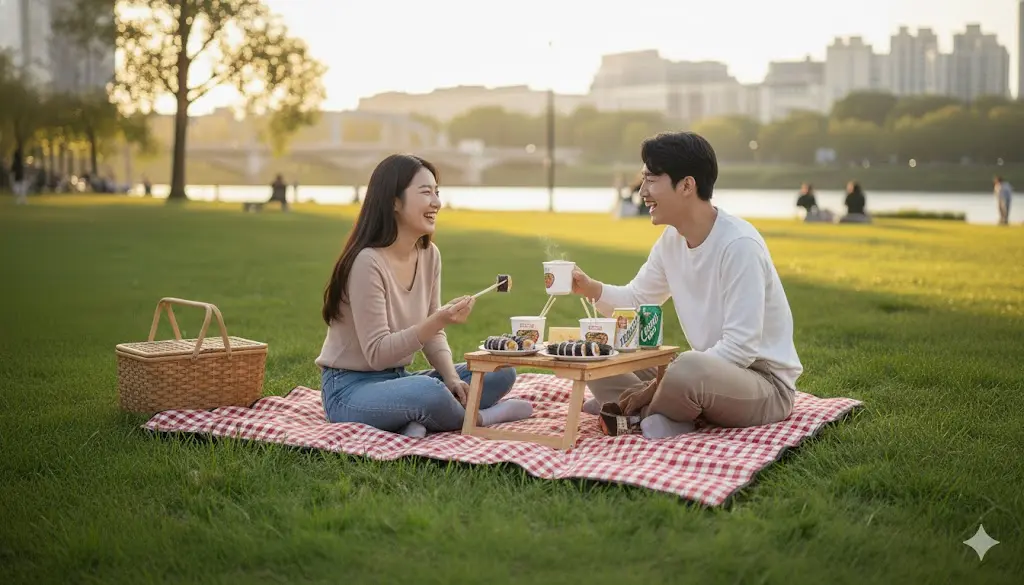 Wooden picnic table and mat on green lawn